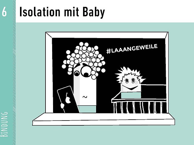 Grafik als Comic: Bindung, Bildkarte: Isolation mit Baby