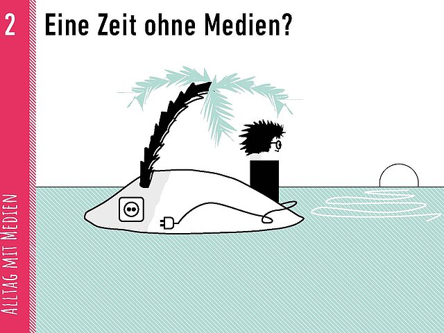 Grafik als Comic: Alltag mit Medien, Bildkarte: Eine Zeit ohne Medien?