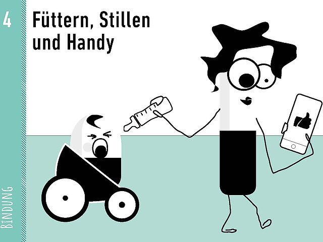 Grafik als Comic: Bindung, Bildkarte: Füttern, Stillen und Handy