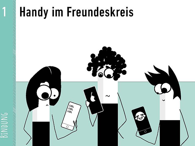 Comic als Grafik: Bindung, Bildkarte: Handy im Freundeskreis