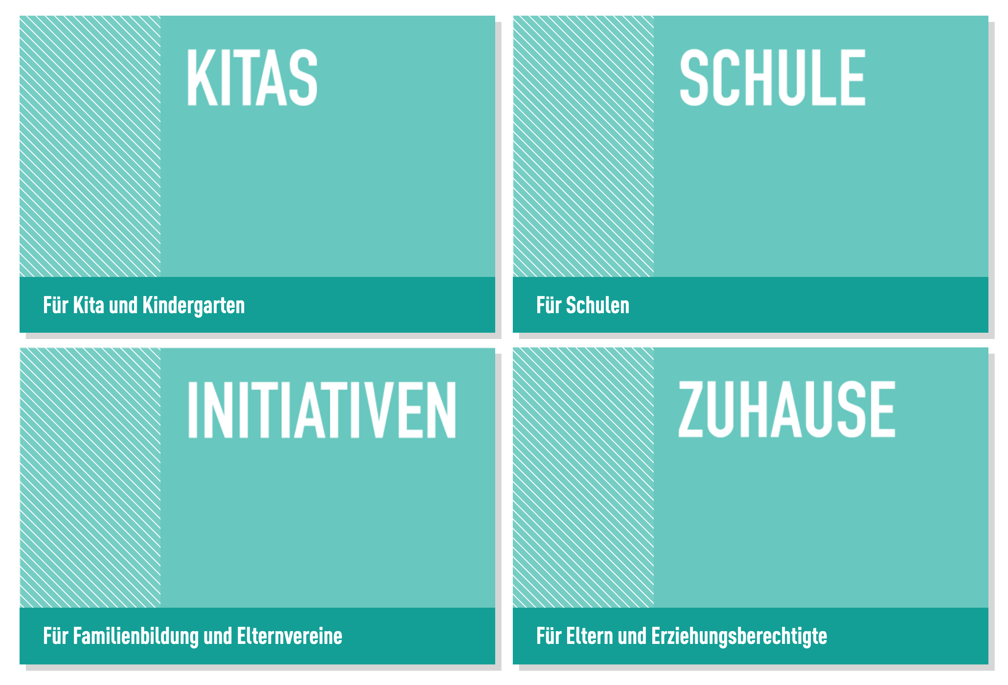 Screenshot: Bereiche (Kitas, Schule, Initiativen, Zuhause), Website