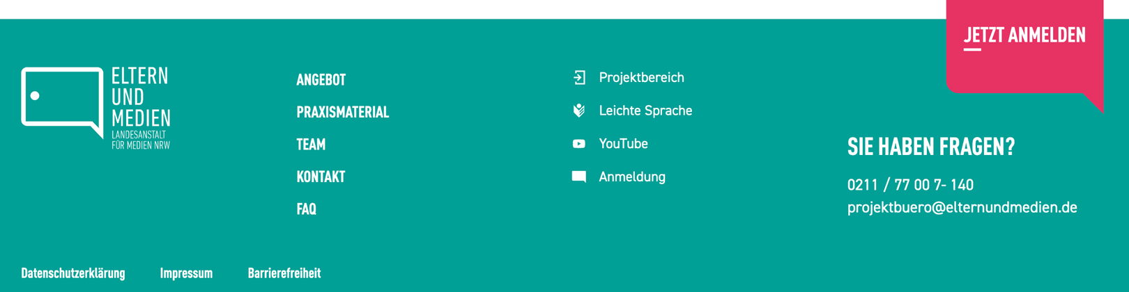 Screenshot: Unterer Bereich der Website (Menü/Navigation)