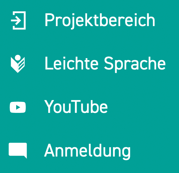 Screenshot: Menü (Projektbereich, Leichte Sprache, YouTube, Anmeldung), Website (unterer Bereich)